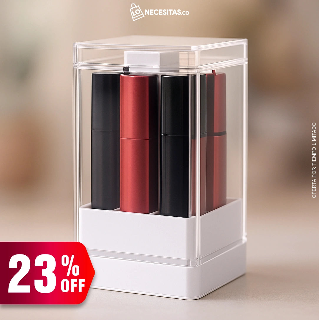 ORGANIZADOR DE MAQUILLAJE ACRILICO + SET DE PACK x 3 BRILLO DE LABIOS