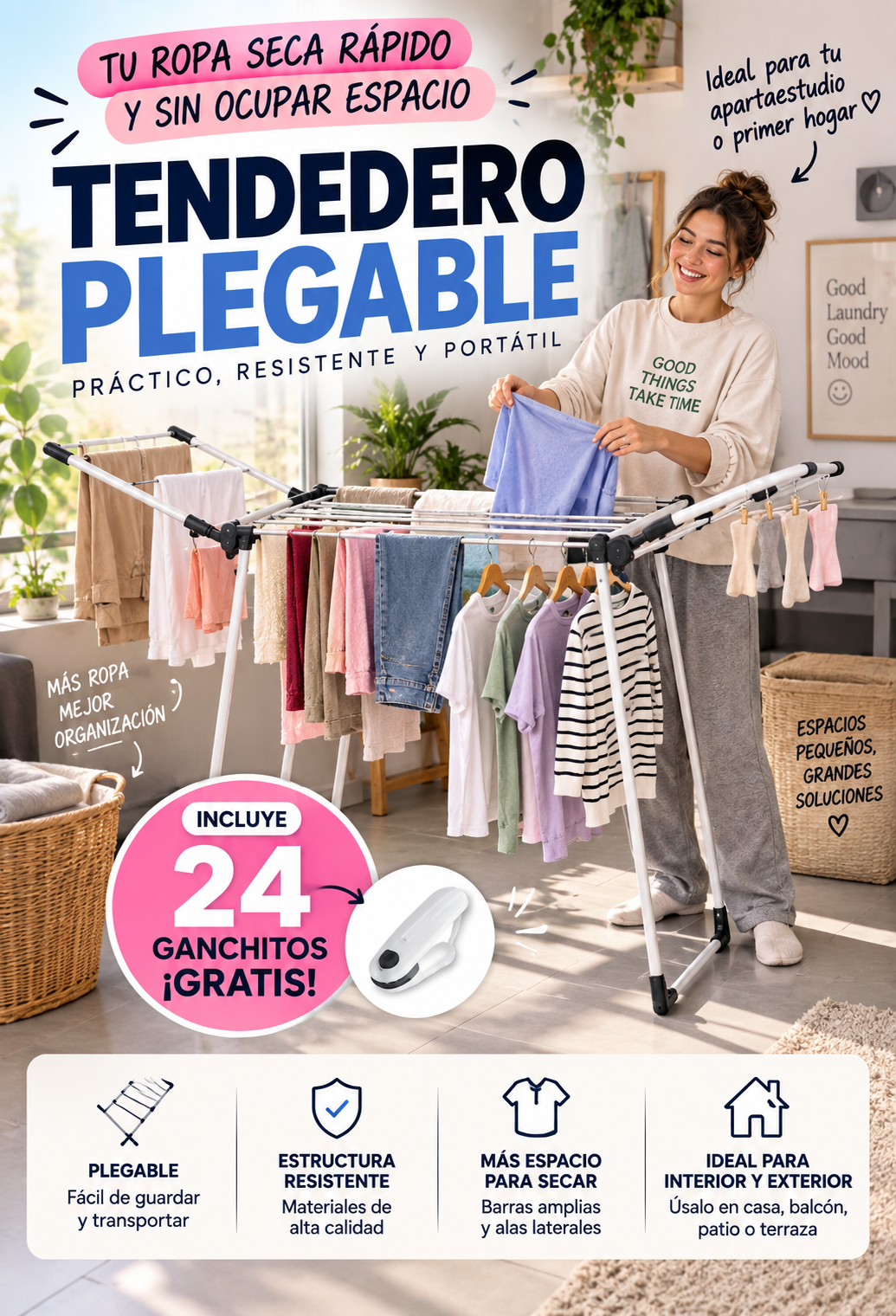 Tendedero de ropa plegable + 24 Ganchitos gratis