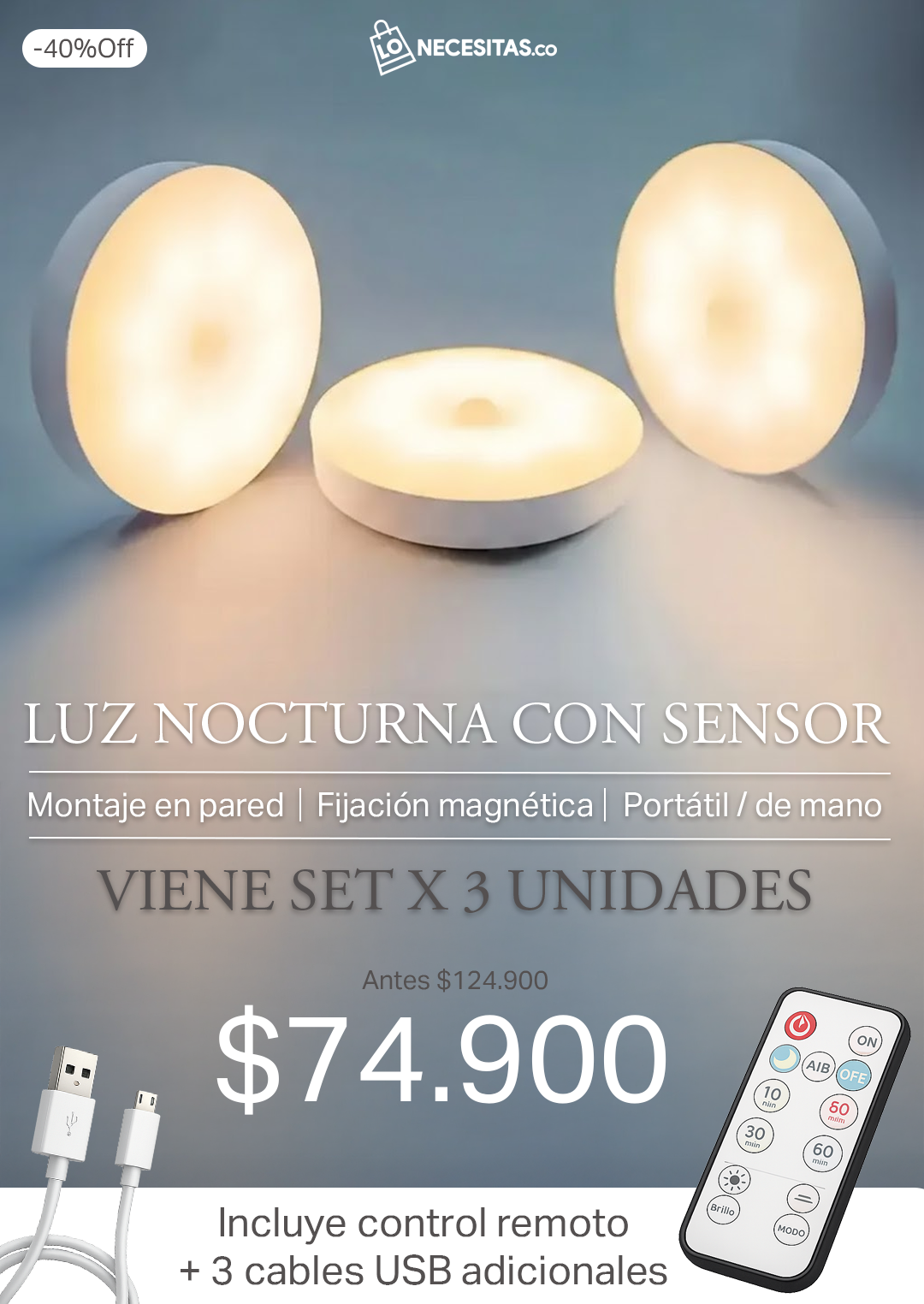 Foco LED portátil USB / viene x 3 unidades + control