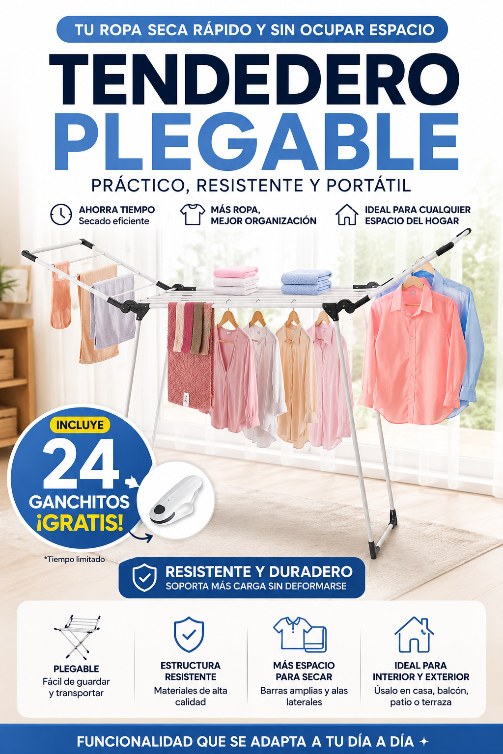 Tendedero de ropa plegable + 24 Ganchitos gratis