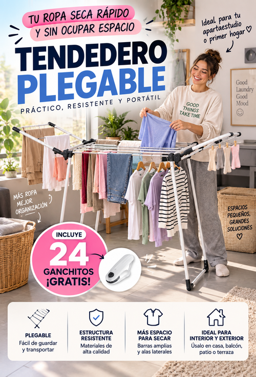 Tendedero de ropa plegable + 24 Ganchitos gratis